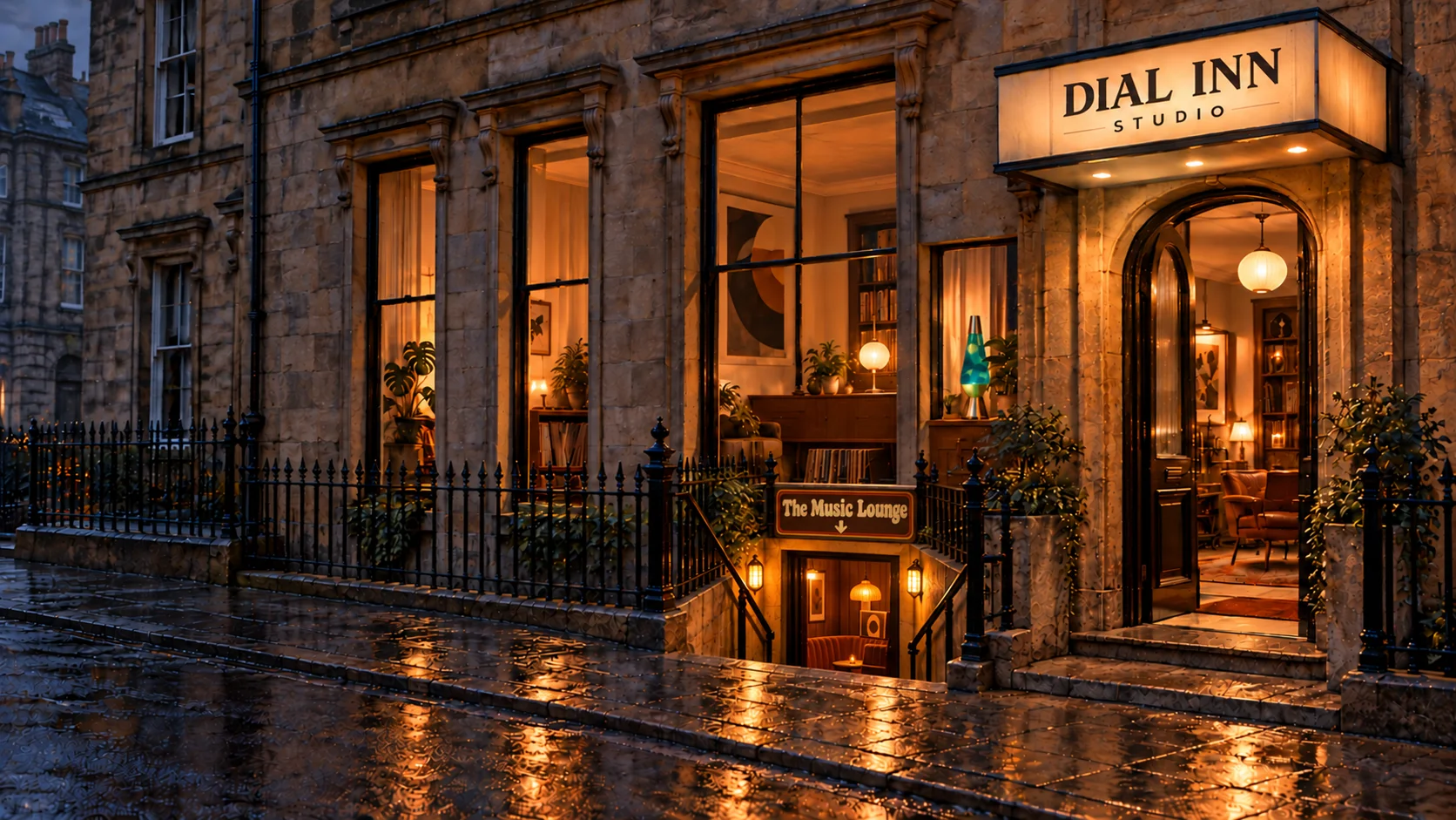 Original imagined Glasgow frontage, with warm lounge windows, a single liquid-motion lamp and a downstairs music-lounge entrance