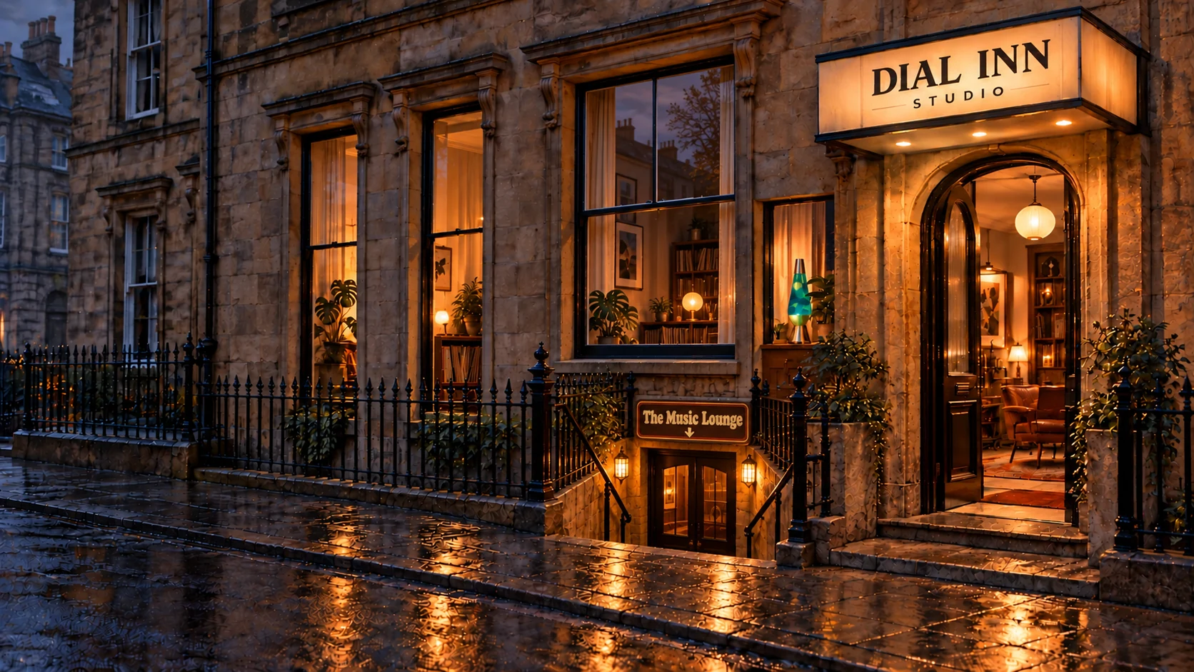 Original imagined Glasgow frontage with glazed sash windows, a single lava lamp and stone steps descending to The Music Lounge