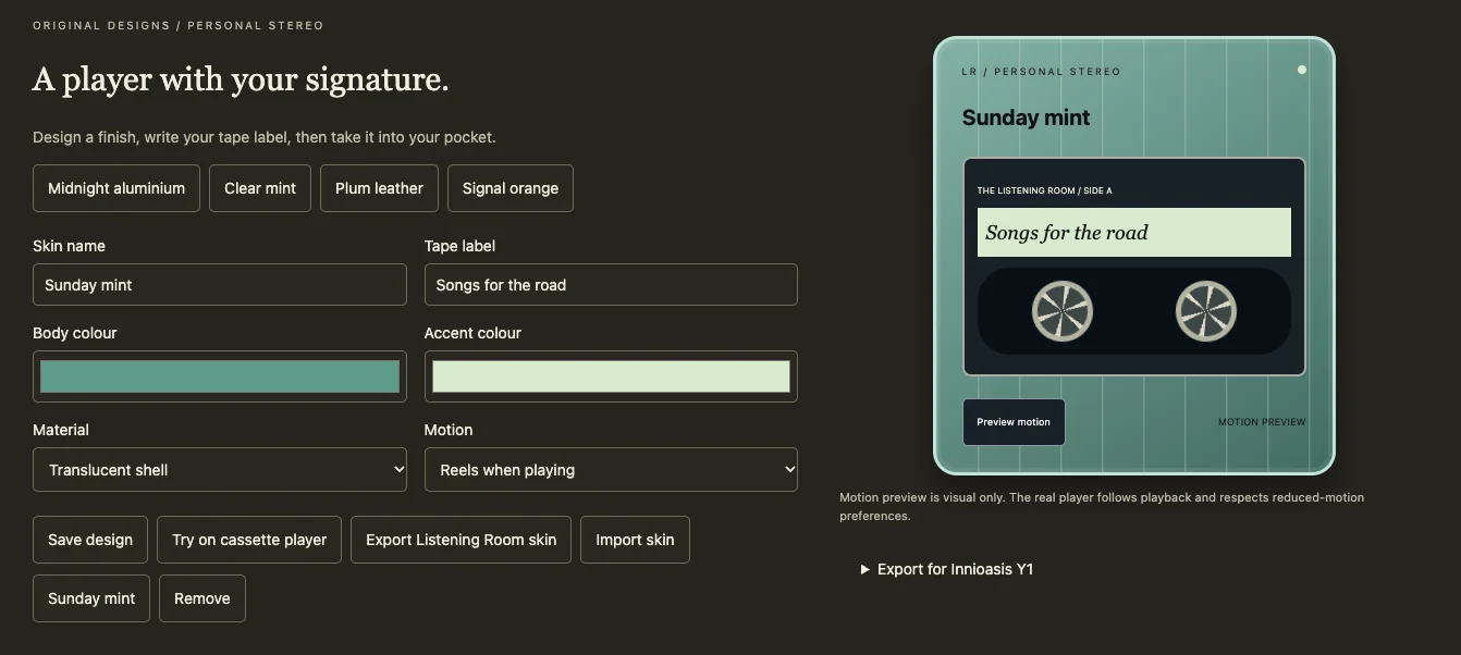 Skin Studio editor with a mint cassette design, material controls and a handwritten tape label